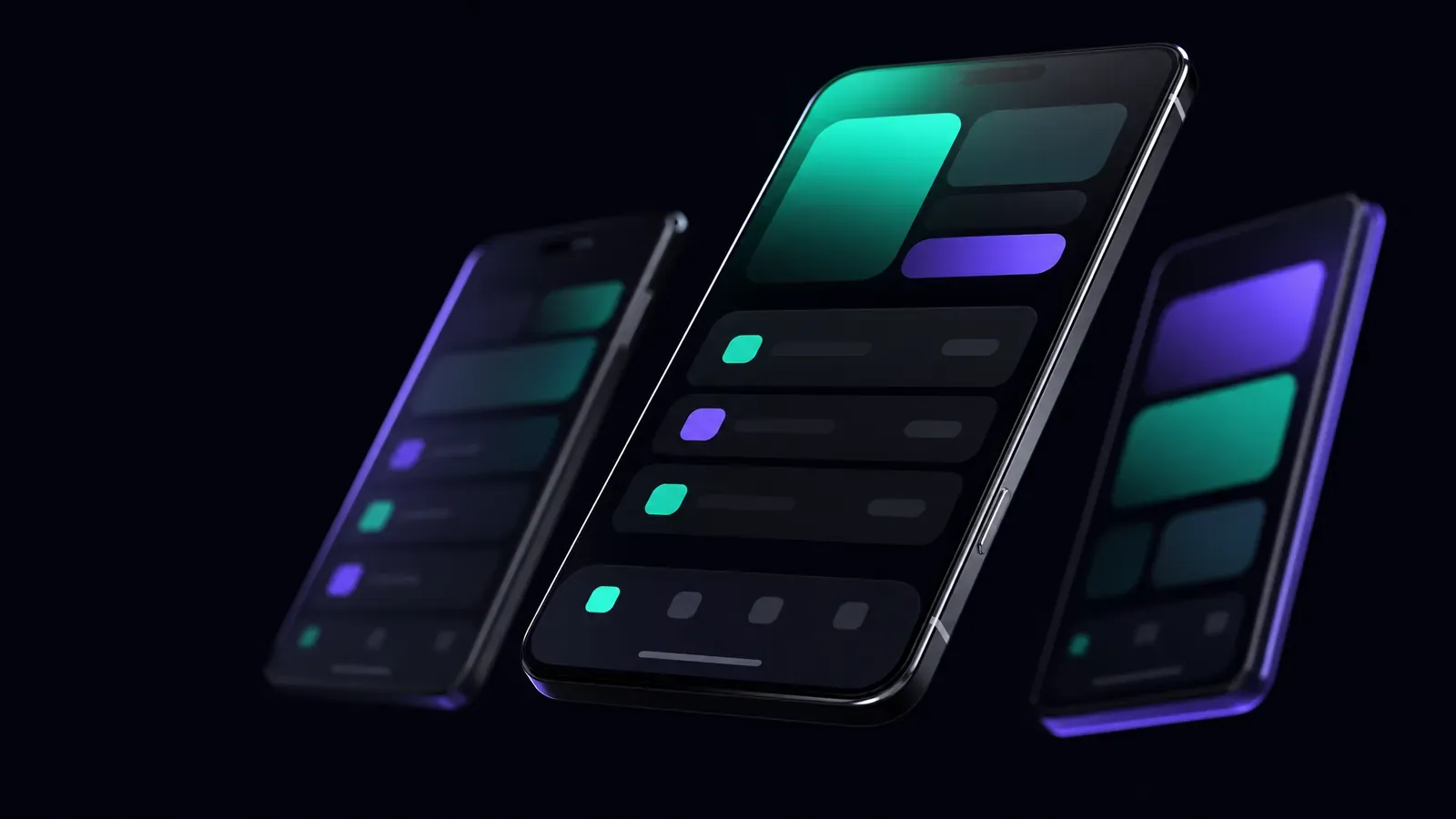 Tres smartphones flotantes mostrando superficies de apps nativas de iOS y Android en tema oscuro con acentos verde azulado y violeta